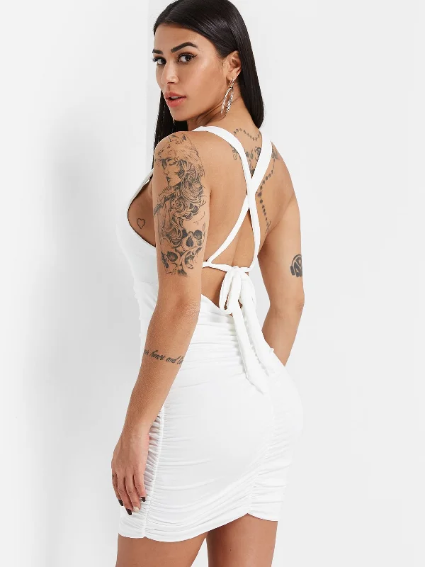 Wholesale White Scoop Neck Sleeveless Cut Out Criss-Cross Bodycon Mini Dress