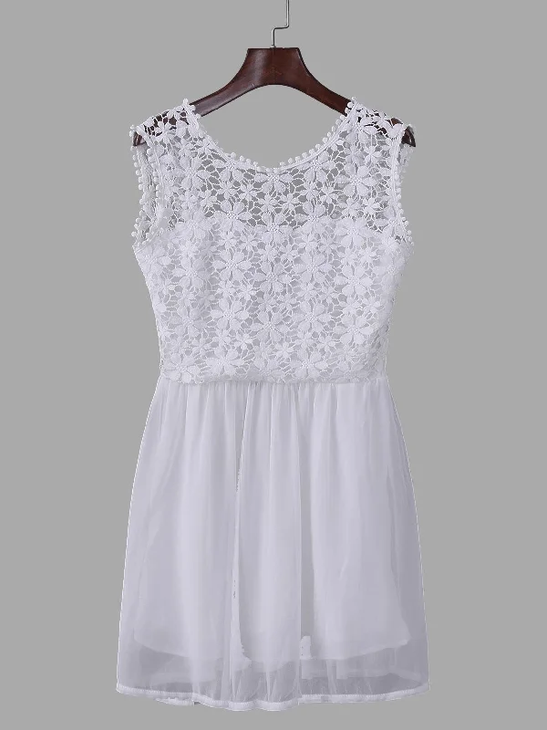 Wholesale White Round Neck Sleeveless Crochet Lace Embellished Backless Mini Dress