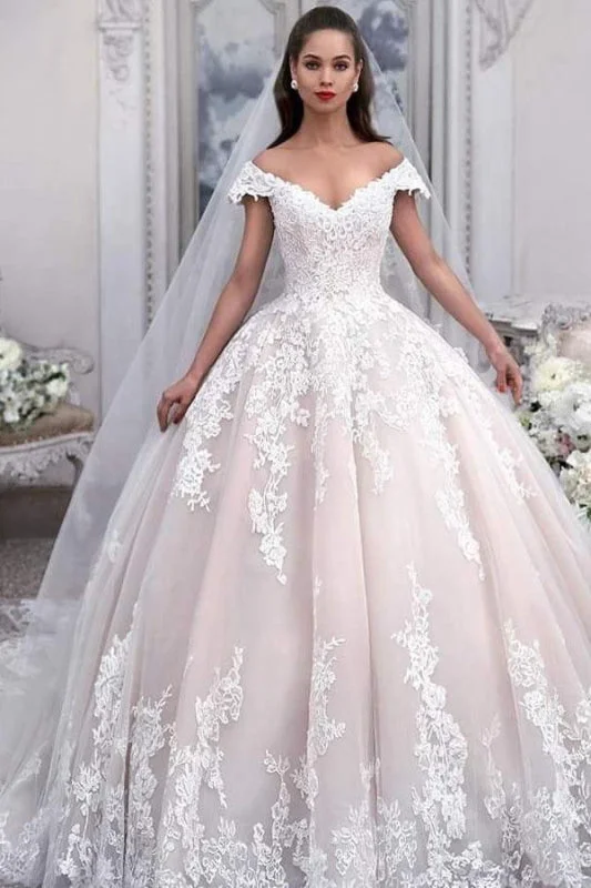 Light Pink Off the Shoulder Ball Gown Tulle with Appliques Wedding Dress