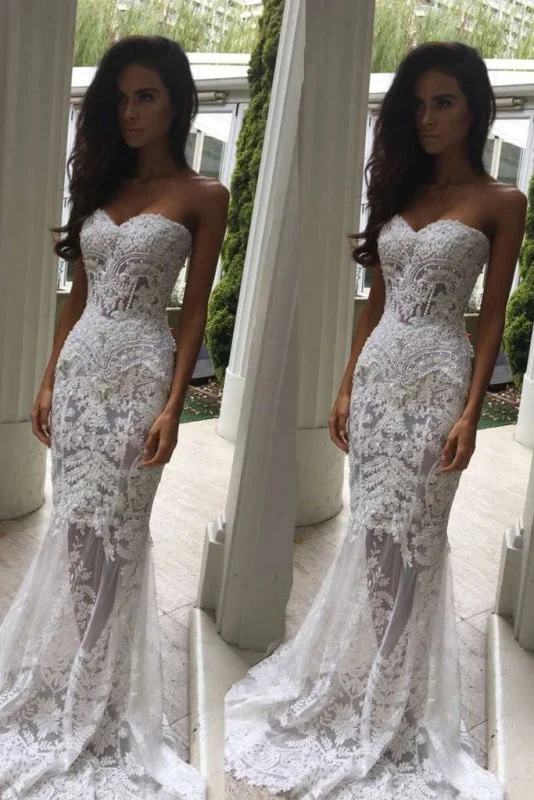 Mermaid Sweetheart Long Lace Strapless Sweep Train Wedding Dress