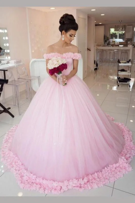 Pink Ball Gown Princess Off-shoulder Hand-Made Flower Wedding Dress