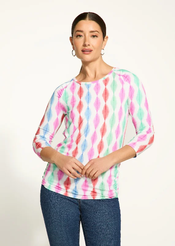 3/4 Sleeve Scoop Neck Top, Coral Wave Stripe