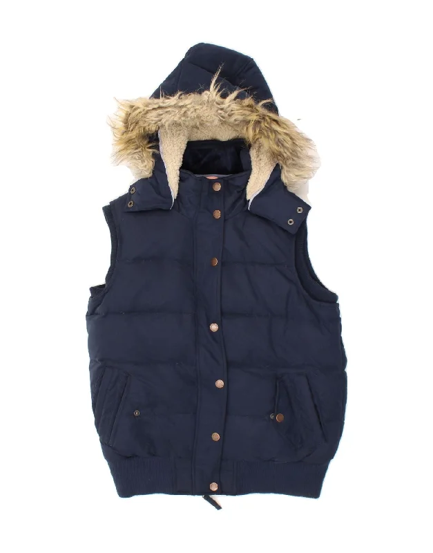 FAT FACE Womens Hooded Padded Gilet UK 12 Medium Navy Blue Polyester