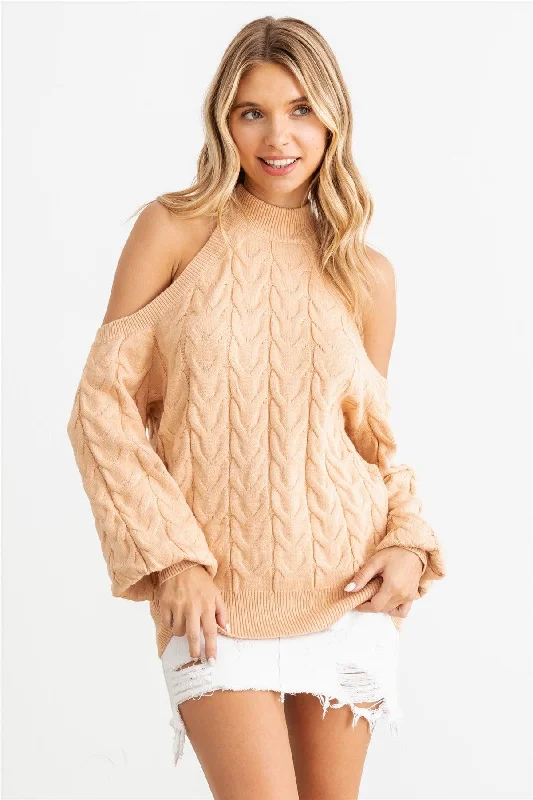 Cable Knit Mock Neck Cold Shoulder Long Sleeve Sweater