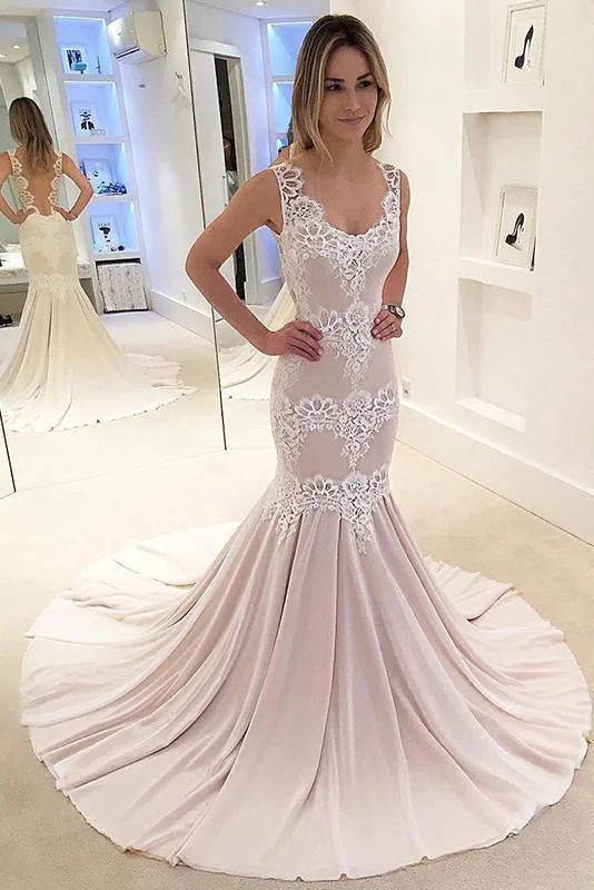 Mermaid Appliqued Sleeveless Gown Chiffon Sexy Backless Wedding Dress