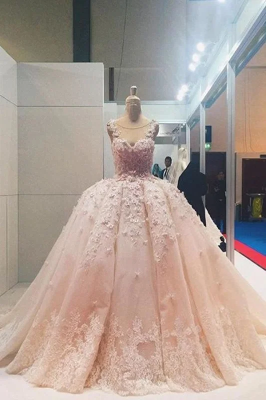 Ball Gown Sleeveless Lace Appliqued Tulle Prom Dresses Quinceanera Wedding Dress