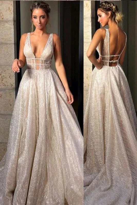 Sexy Sparkly Deep V Neck Sequin Prom Dresses Wedding Dress Bridal Gown