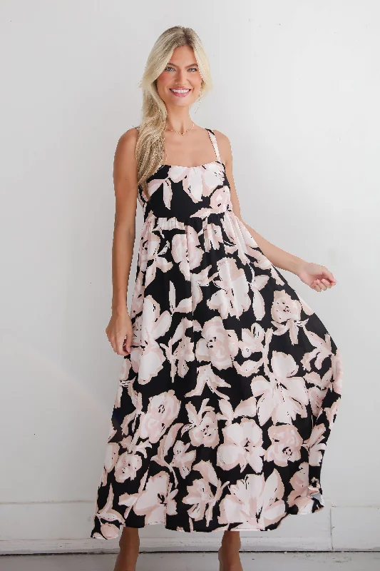 FINAL SALE - Convincingly Sweet Black Floral Midi Dress