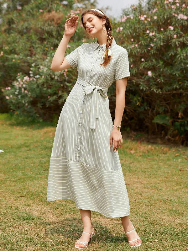 Striped Button Front Short Sleeve Collar Flounce Drop Waist Long Dress