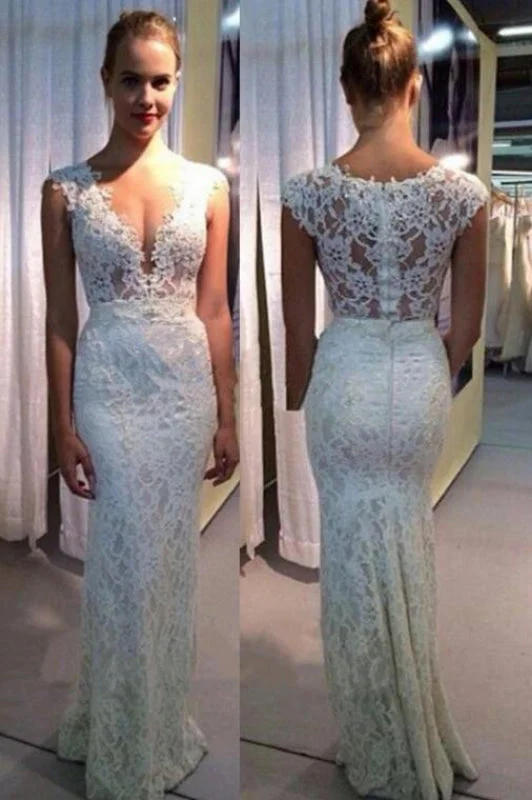 V-neck Mermaid Lace Sleeveless Gown Ivory Sexy Beach Wedding Dress