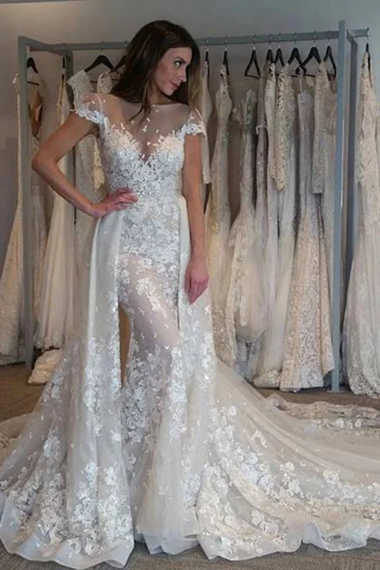 Gorgeous Cap Sleeves Sheer Neck Long Detachable Train Wedding Dress