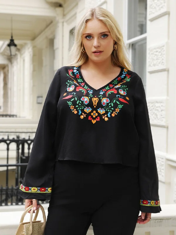 Casual Floral Long Sleeve V Neck Regular Plus Size Blouse