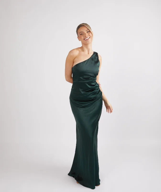 One Shoulder Satin Ruched Bridesmaid Dress - Emerald