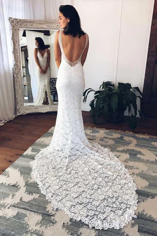 V-Neck Court Train Split Backless Lace Mermaid Wedding Dress