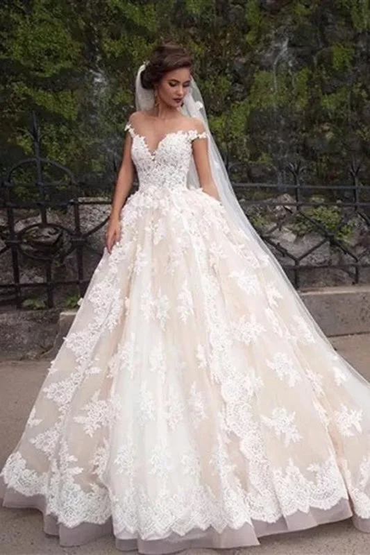 Gorgeous Sheer Neck Cap Sleeves Lace Appliques A Line Wedding Dress