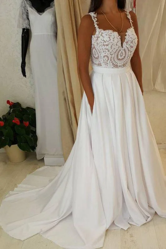 Ivory Spaghetti Strap Lace A-line Sweetheart Beach Wedding Dress with Pockets