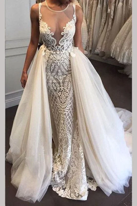 Gorgeous Illusion Tulle Detachable-Train Sleeveless Lace Applique Wedding Dress