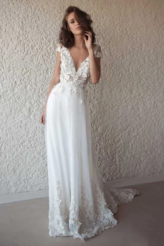 Ivory Cap Sleeve V Neck Beach Boho Appliques Wedding Dress