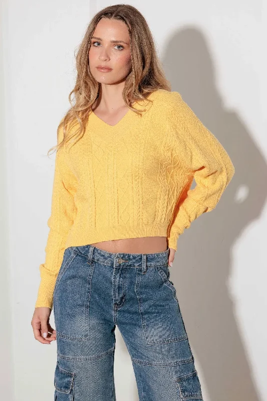 V-Neck Cable Pattern Crop Long Sleeve Sweater