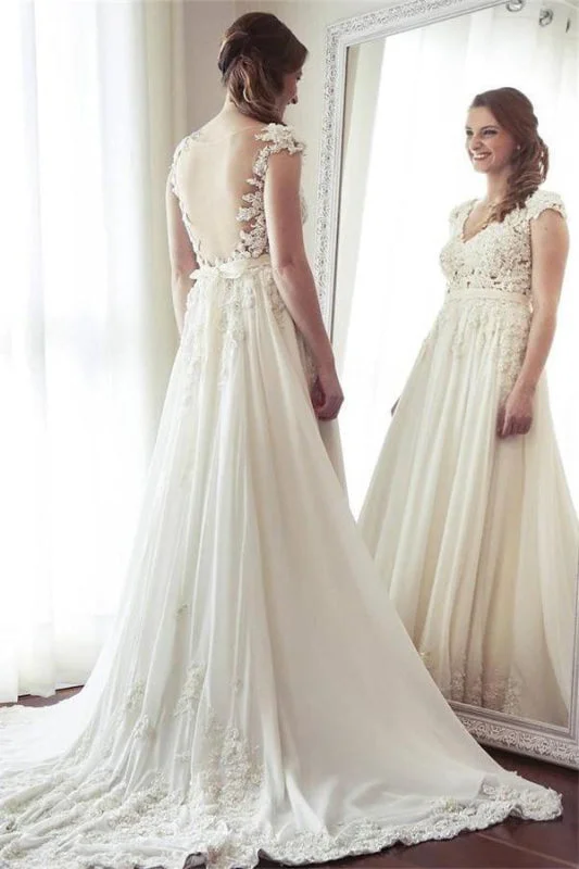 Charming Long Ivory Chiffon V-neck Elegant Beach Wedding Dress