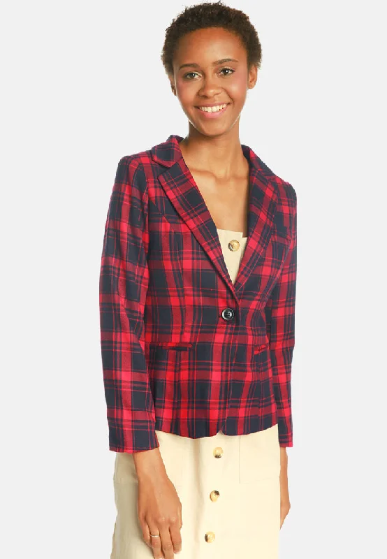 Checkered Single Breasted Blazer with V neckline and jetted pockets