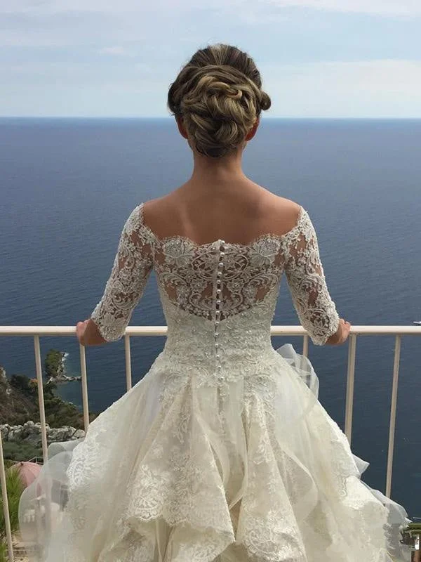 Gorgeous Design Wave Details Half Sleeve Lace Wedding Dresses