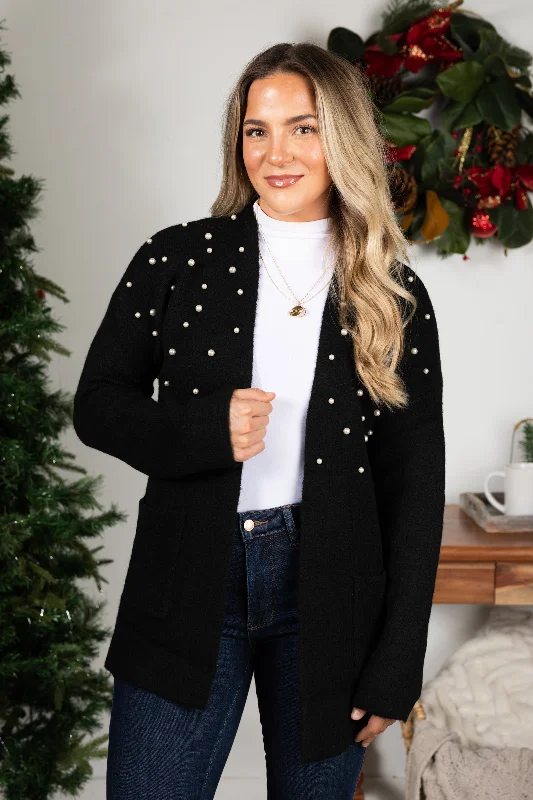 Black Cardigan With Pearl Detail