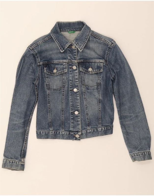 BENETTON Womens Crop Denim Jacket UK 12 Medium Blue Cotton