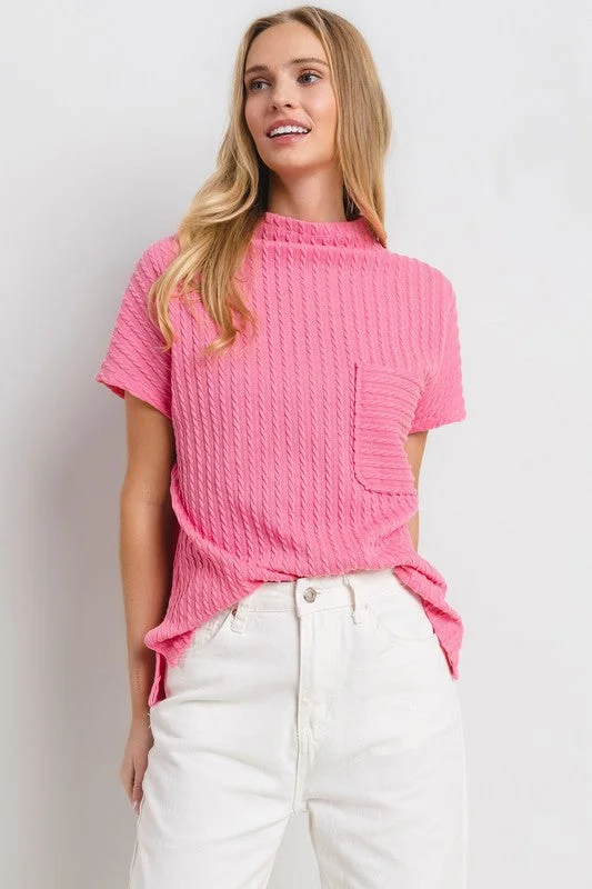 Ces Femme Texture Mock Neck Short Sleeve Knit Top