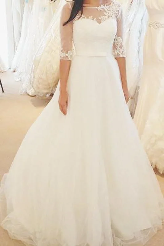 Ivory Half Sleeves Floor-length Bateau With Lace Applique Tulle Wedding Dress