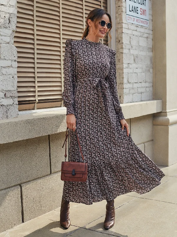 Ditsy Floral Belted Long Sleeve Stand Collar Flounce High Waist Long Dress