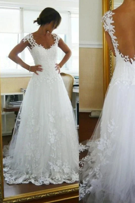 A-Line Lace White Straps Pretty Sleeveless Wedding Dress