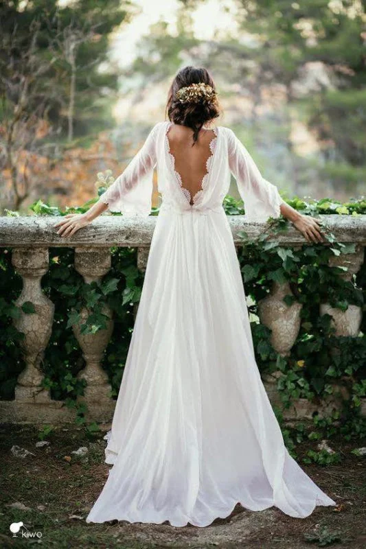 Sexy 3/4 Sleeves and Backless Long Chiffon Beach Wedding Dress