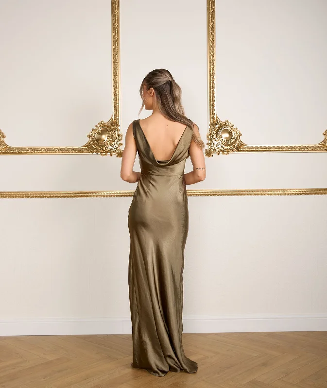 Cowl Back Satin Bridesmaid Dress - Olive