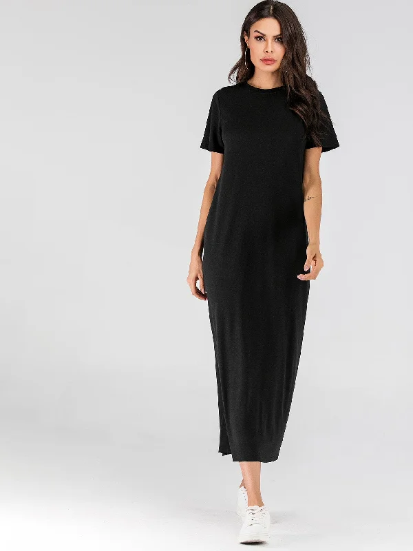 Plain Asymmetrical Short Sleeve Asymmetrical Neck Flared Natural Long Dress