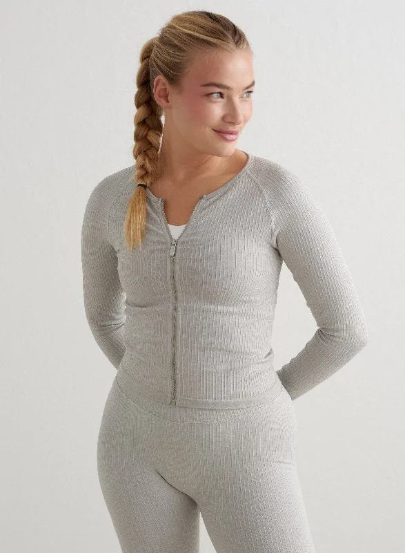 Grey Melange Ribbed Seamless Zip Jacket