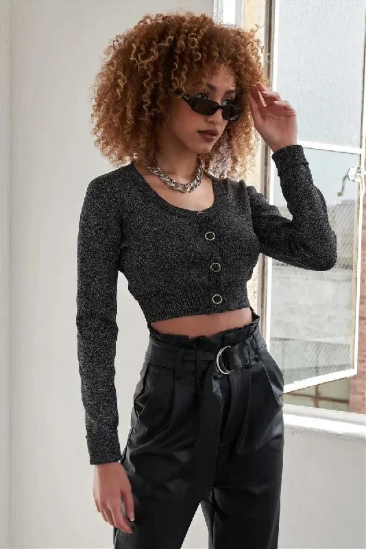 Sparkly Metallic Black Long Sleeve Crop Cardigan