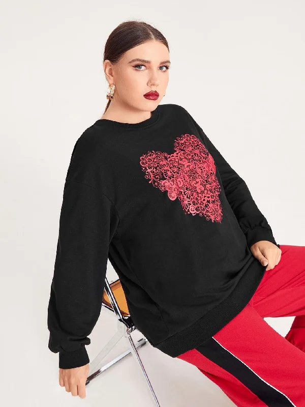 Heart Long Sleeve Round Neck Regular Plus Size Sweatshirt