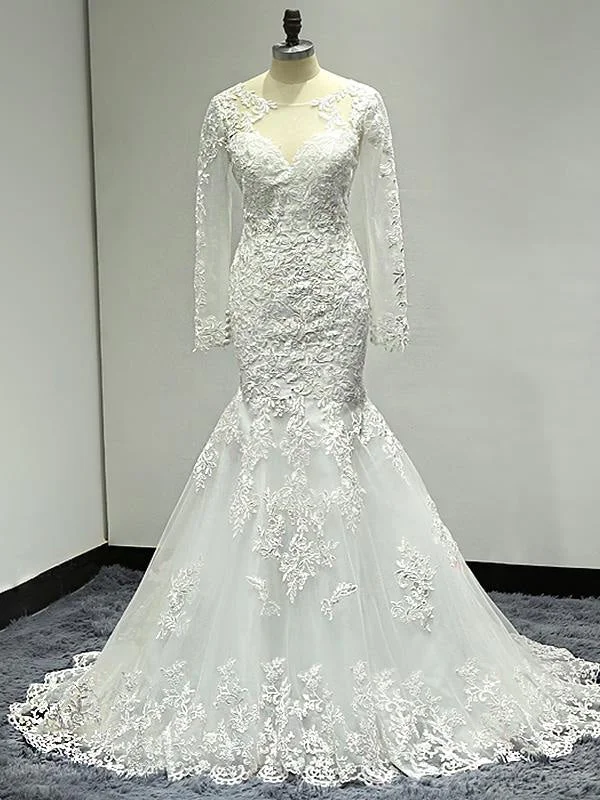 White Long Sleeve Lace Mermaid Wedding Dresses with Train