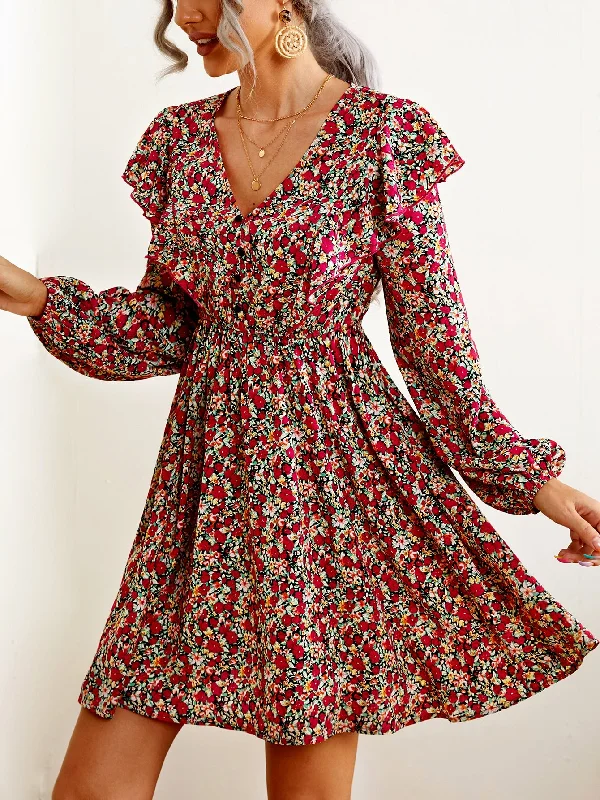 Ditsy Floral Ruffle Long Sleeve V Neck Flared High Waist Short Dress