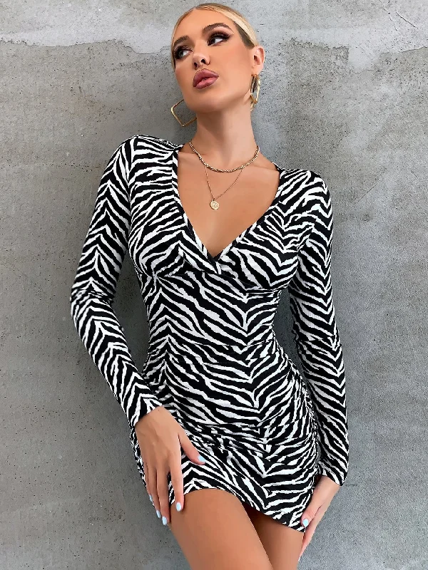 Zebra Stripe Ruched Long Sleeve Deep V Neck Pencil Natural Short Dress