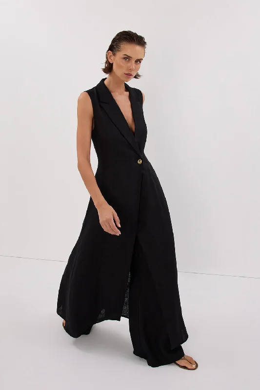 CORA BLACK LINEN MIDI DRESS