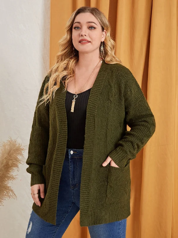 Plain Pocket Long Sleeve Short Plus Size Cardigan