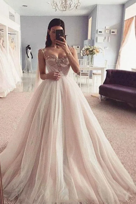 Charming Spaghetti Straps Sweetheart Tulle Prom Dress with Beading Wedding Dresses