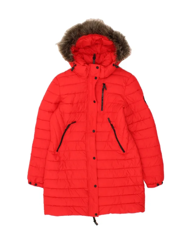 SUPERDRY Womens Hooded Padded Coat UK 12 Medium Red Polyester