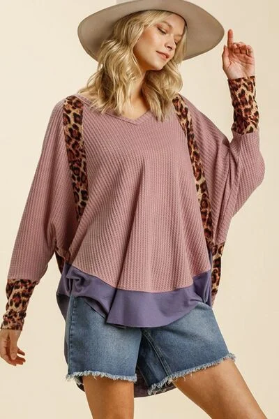 Umgee Full Size Leopard High-Low Dolman Sleeve Waffle Knit Top Plus Size