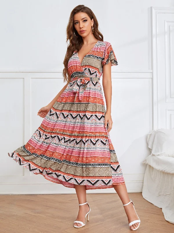 Chevron Belted Short Sleeve V Neck Flared High Waist Long Dress