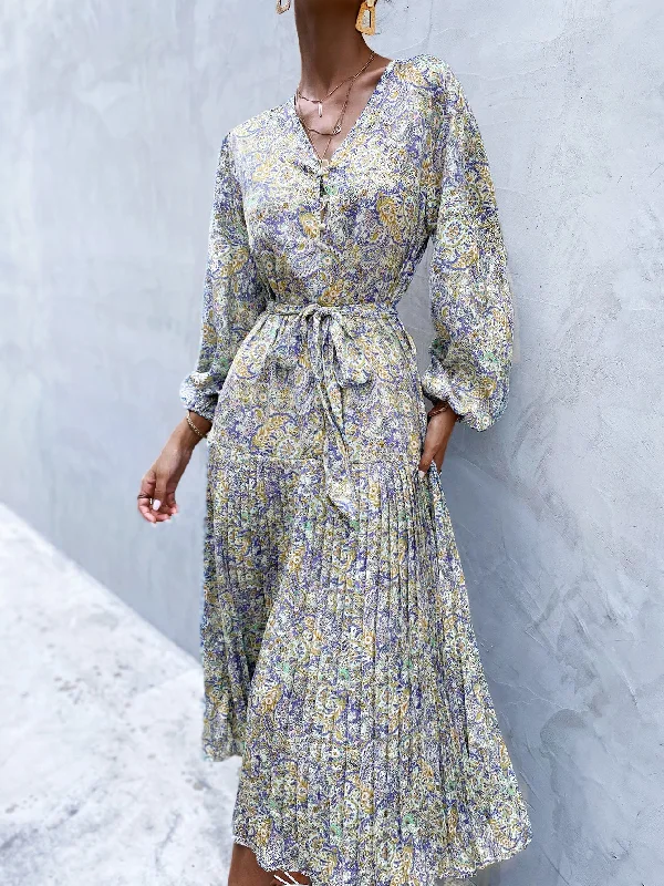 Paisley Pleated Long Sleeve V Neck Pleated High Waist Long Dress