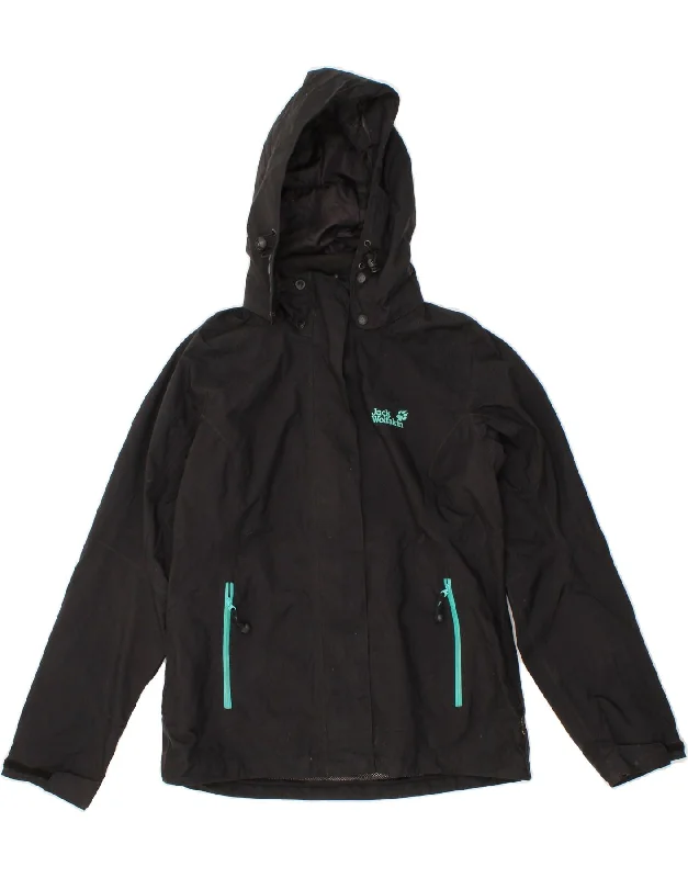 JACK WOLFSKIN Womens Hooded Rain Jacket UK 12/14 Medium Black Polyamide