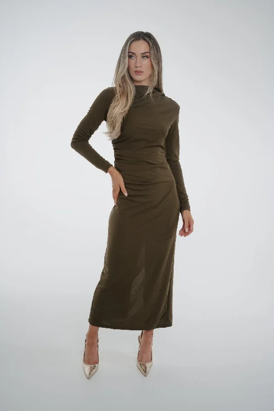 Holly Ruched Midi Dress In Khaki